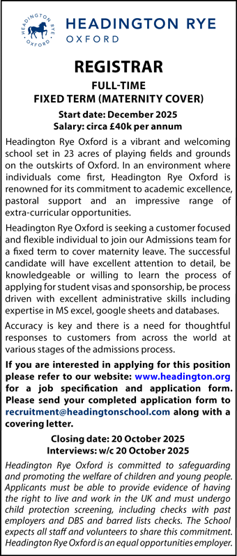 Headington Rye School seek a Registrar, full-time and fixed term for Maternity cover