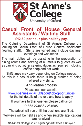 St Anneâ€™s College Oxford seeks Casual Front of House General Assistants / Waiting Staff