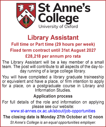 St Anneâ€™s College Oxford seeks Library Assistant