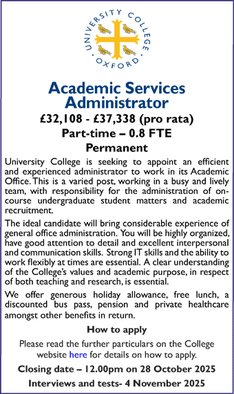 University College Oxford seeks Academic Services Administrator