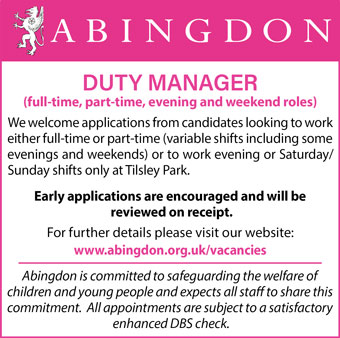 Abingdon School seek Duty Manager (full-time, part-time, evening and weekend roles)