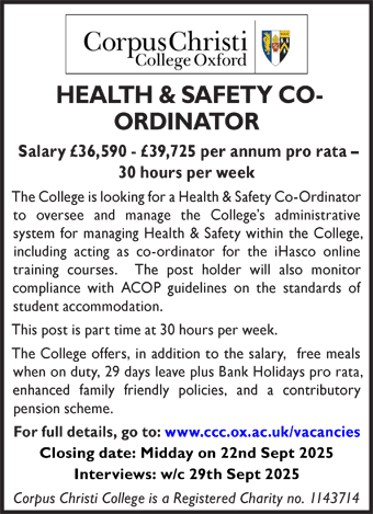 Corpus Christi College seeks Health & Safety  Co-Ordinator