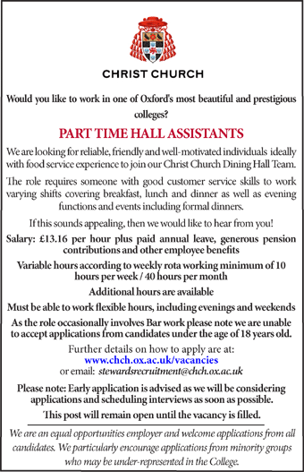 Christ Church, Oxford seek Part time Hall Assistants