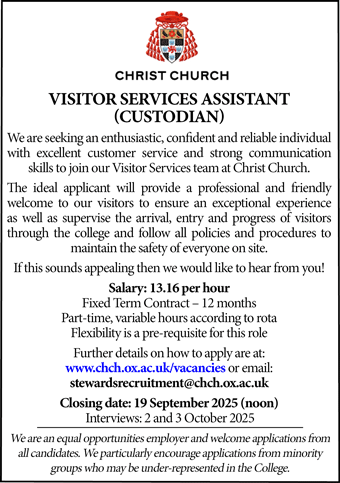 Christ Church seeks enthusiastic, reliable Visitor Services Assistant (Custodian)