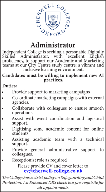 College in Oxford city centre is looking for Administrator