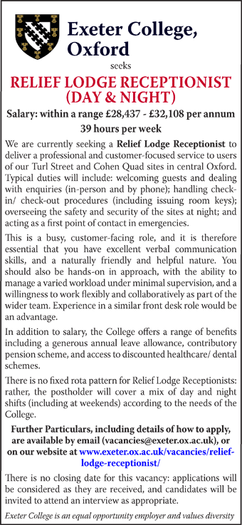 Exeter College seeks a RELIEF LODGE RECEPTIONIST (DAY & NIGHT)