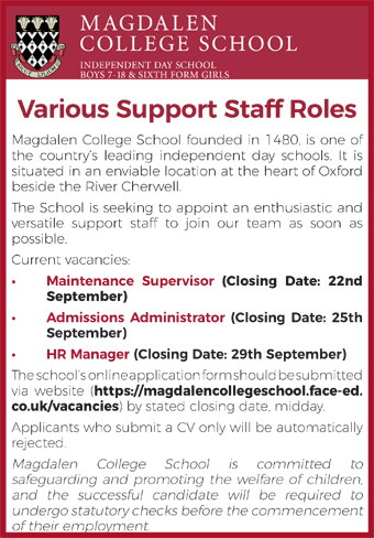Magdalen College School seeks Various Support Staff roles