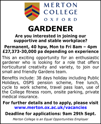 Merton College seeks permanent Gardener, 40 hpw