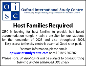 Oxford International Study Centre seeks Host Families to provide half board accommodation
