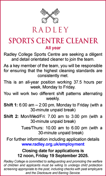 Radley College seek a SPORTS CENTRE CLEANER