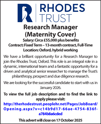 Rhodes Trust seeks a Research Manager (Maternity Cover)