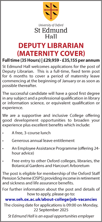 St Edmund Hall seek a Deputy Librarian (Maternity Cover)