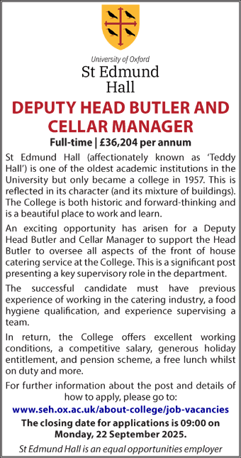 St Edmund Hall seek a Deputy Head Butler and Cellar Manager