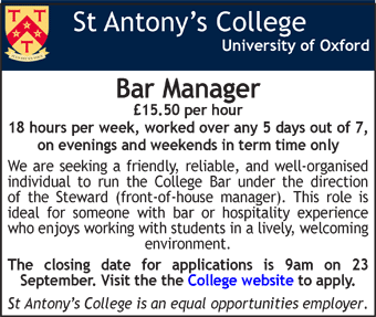 St Antony's College seeks Bar Manager