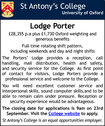 St Antony's College seeks full-time Lodge Porter