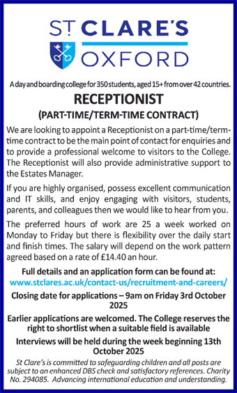 St Clare's seeks Receptionist (part-time/term-time contract) 
