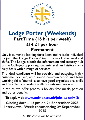 University College Oxford seeks Lodge Porter (Weekends)