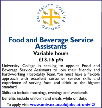 University College Oxford seeks Food and Beverage Service Assistants