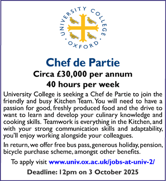 University College Oxford seeks Chef de Partie 