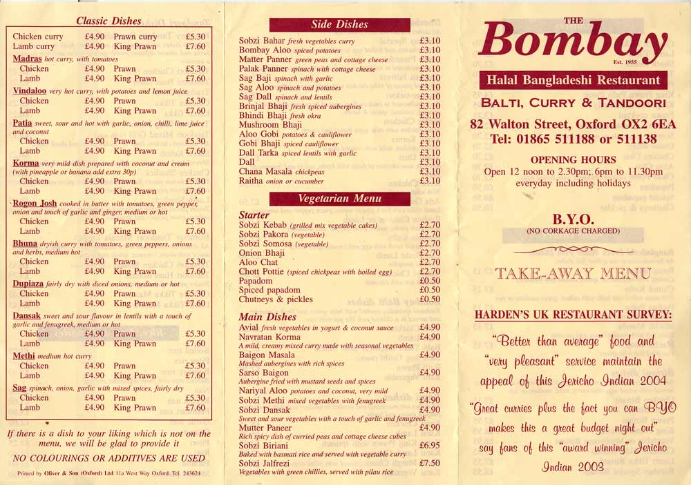 Restaurant Menu Bombay Walton Street Oxford